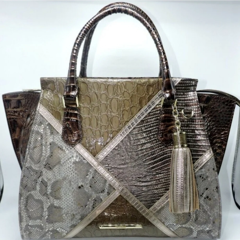 🔹️BRAHMIN🔹️RARE TAUPE Tempera PRISCILLA Satchel Croc Python Patchwork Leather - Picture 7 of 17